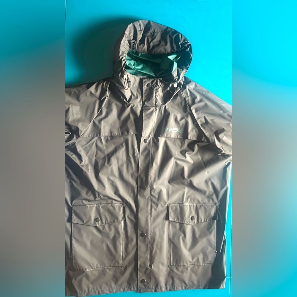 Columbia Sportwear Company Vinyl Raincoat Teal Inside Mens XL 1990s Vintage!